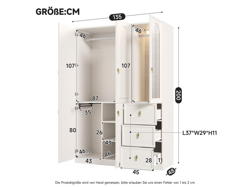  Armoire — blanche — 138 × 48 × 200 cm — 5 portes — 3 tiroirs  - Conforama C