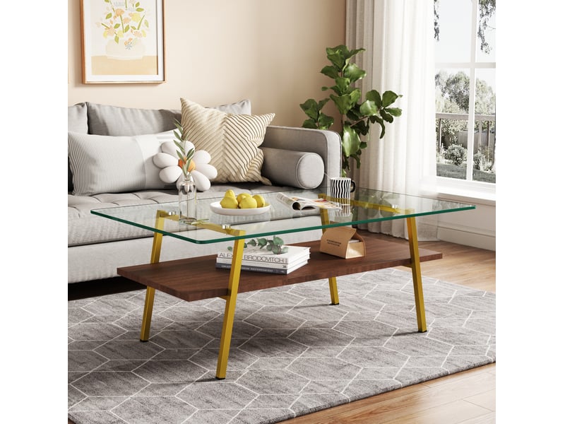  Table basse rectangulaire 98x58x42.5 cm en verre trempé, mdf et métal doré  - Conforama E