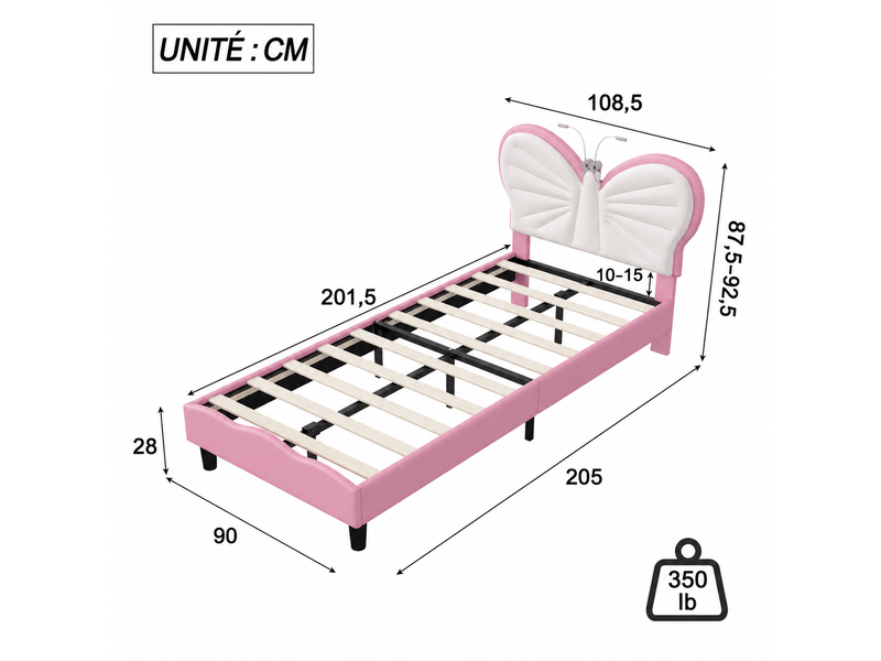  Lit enfant 90x200 avec liseuse, lits 1 personne avec tête de lits réglable en hauteur en forme de papillon, lit capitonné pour fille adolescent, velours, sans matelas (blanc + rose)  - Conforama C