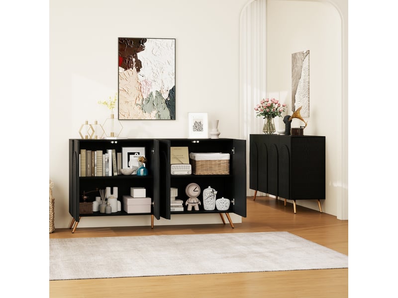  Buffet bas 150x38x83 cm noir, 4 portes et étagères réglables  - Conforama E