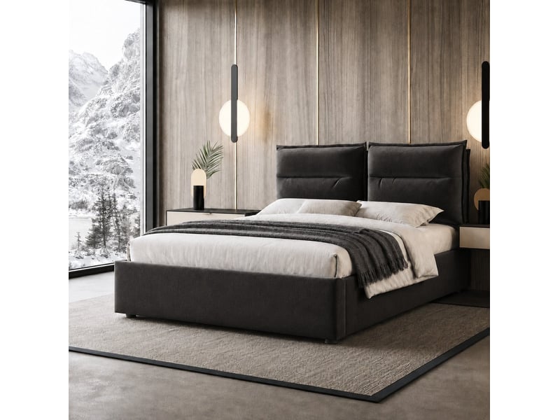  Lit coffre 140x200 cm en velours noir avec tête de lit réglable et sommier relevable  - Conforama D