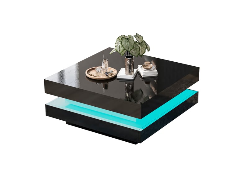  Table basse carrée 70x70x36 cm avec éclairage led intelligent, recharge, rangement ouvert, table de salon, pb, noir  - Conforama A