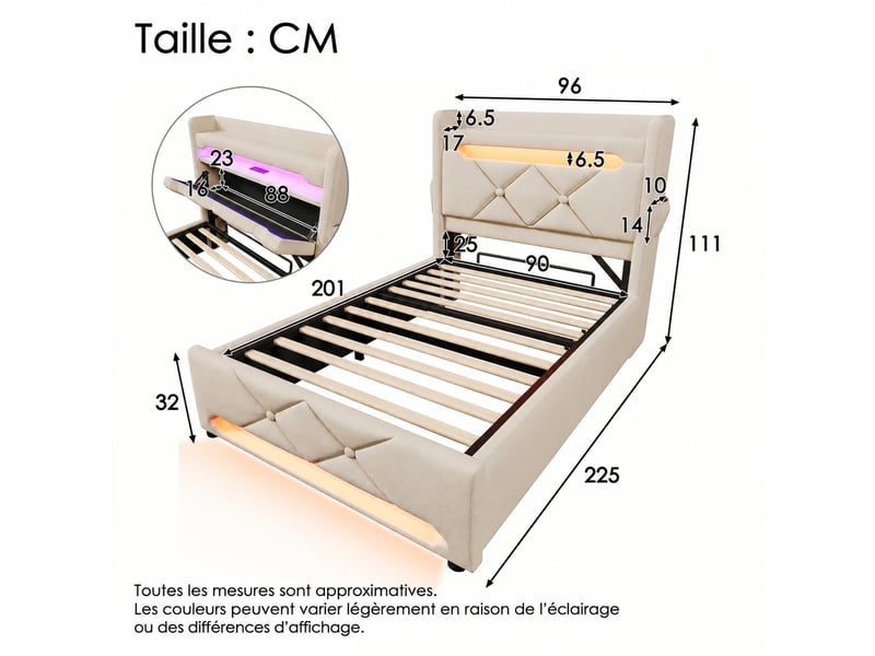 Lit coffre hydraulique 90 x 200 cm en lin beige, led et ports usb et type-c - Conforama C