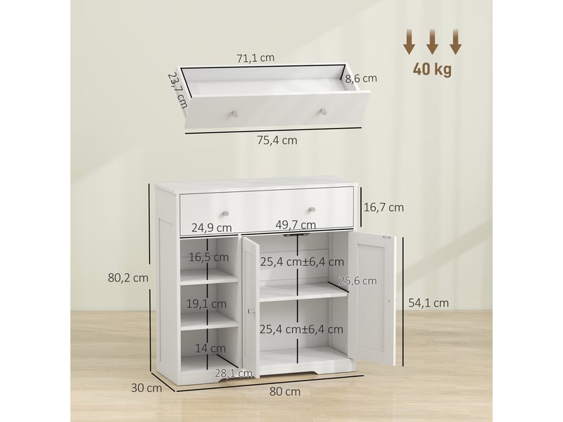 Meuble de salle de bain avec 1 tiroir, 2 portes, 3 compartiments ouverts, style scandinave, 80x30x80,2cm, blanc - Conforama C