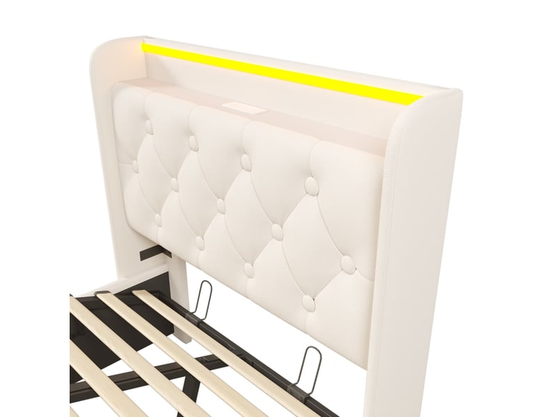  Lit simple en similicuir blanc, 90 x 200 cm, lit coffre avec éclairage led périphérique à 360° et port de charge  - Conforama E