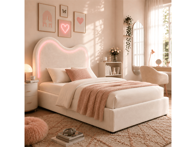  Lit enfant simple 90×200 cm avec coffre, led réglable et tête de lit - okmyhome- en velours beige, sans matelas  - Conforama C