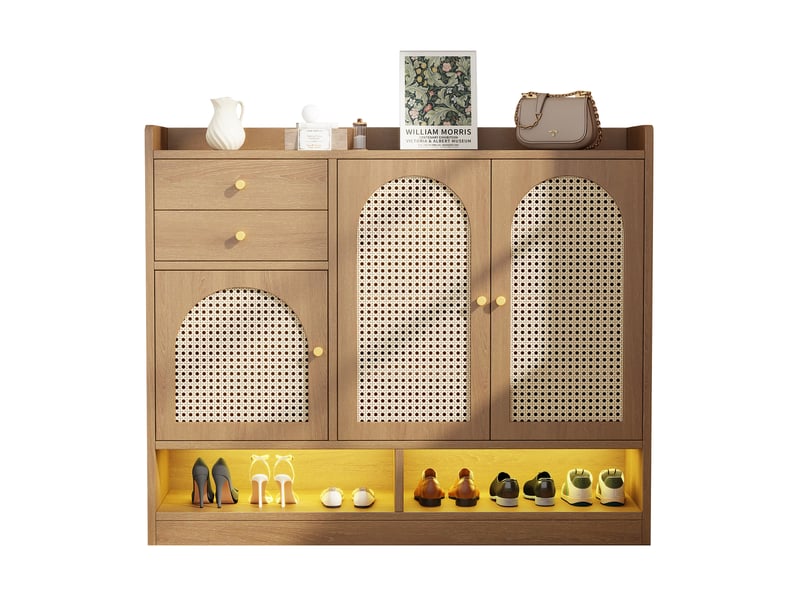  Meuble à chaussures 120x35x100 cm avec 3 portes effet cannage, 2 tiroirs, niches ouvertes et éclairage LED - Naturel Fay Lum - Conforama A