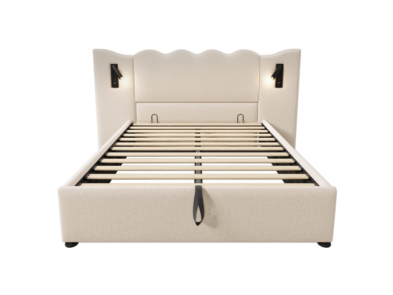  Lit coffre, lit double 160x200 cm, usbusb-c, lampe de lecture, sommier à lattes, lin beige, matelas inclus  - Conforama E
