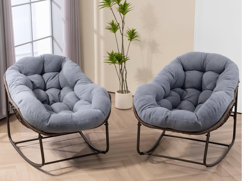  Cocon - lot de 2 fauteuils à bascule en rotin naturel – forme œuf et coussins gris – confortable pour salon, véranda ou chambre  - Conforama B