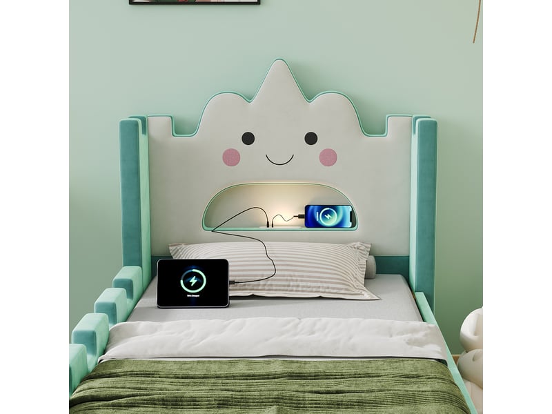  Lit enfant simple 90x200 cm en velours avec lampe led, usb, tiroir et tablette rabattable, sans matelas, bleu vert  - Conforama E