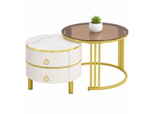Tables basses gigognes rondes 2 pièces – mdf et verre trempé – 2 tiroirs – blanc, brun et doré – ø7050 cm