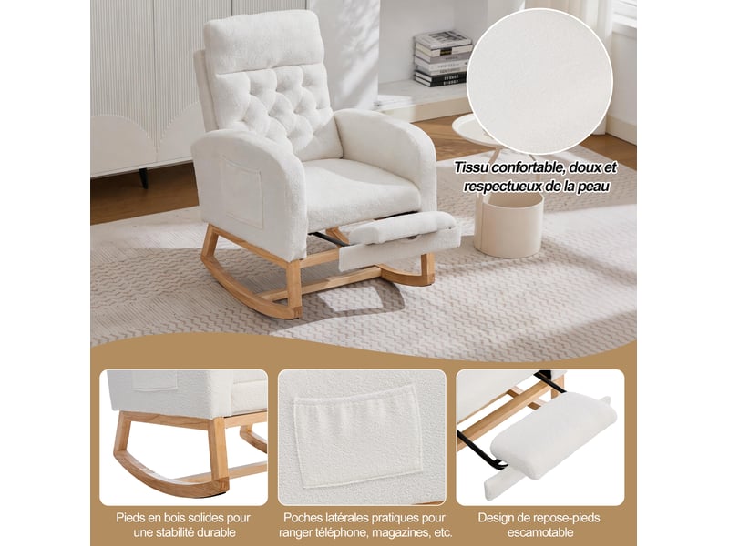  Fauteuil à bascule avec repose-pieds extensible, poches latérales et dossier haut en bouclé blanc et bois naturel  - Conforama E