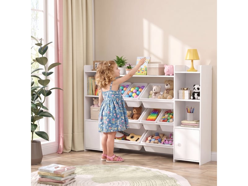  Meuble de rangement pour jouets d'enfants avec 8 bacs et placards amovibles, 140 x 30 x 90 cm, blanc  - Conforama B