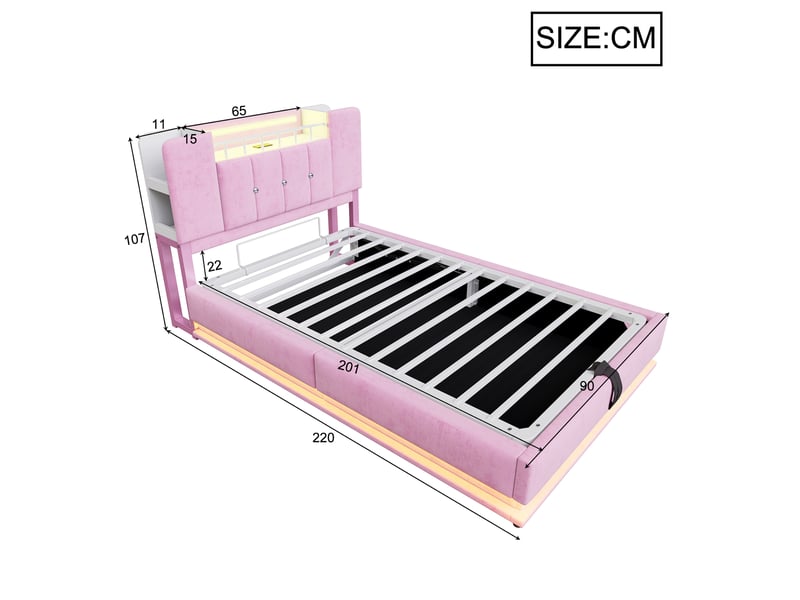  Lit coffre rembourré 90x200 cm coloris rose led tissu lit enfant rose - Conforama C