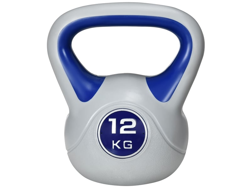  Kettlebell, 12 kg, fond plat, grande poignée, revêtement plastique, bleu, 24 x 17 x 28 cm  - Conforama B