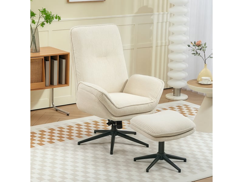  Fauteuil pivotant rembourré avec repose-pieds, fauteuil inclinable moderne pour salon, chambre, bureau, beige  - Conforama D