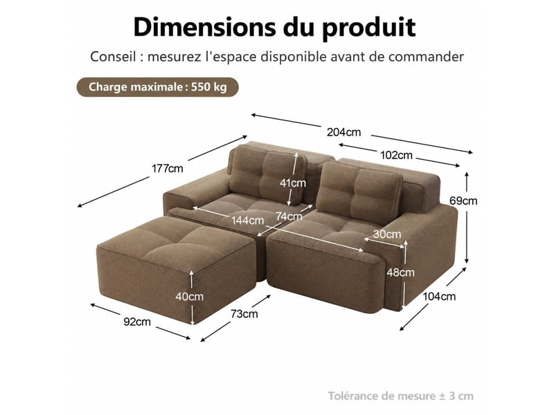  Canapé modulable 2 places avec pouf, finition capitonnée en velours côtelé, convertible, 69 × 204 × 177 cm, marron  - Conforama C