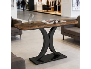 Console d'entrée industrielle avec plateau effet bois et piètement géométrique, en métal et bois, pour salon