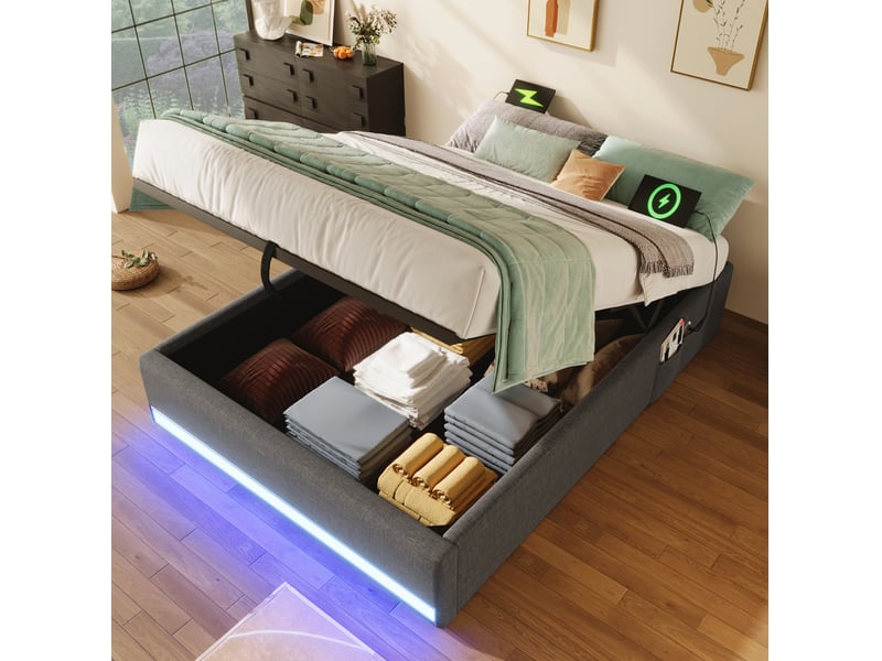  Lit 90 x 200 cm avec rangement hydraulique, led, usb et type-c gris  - Conforama B