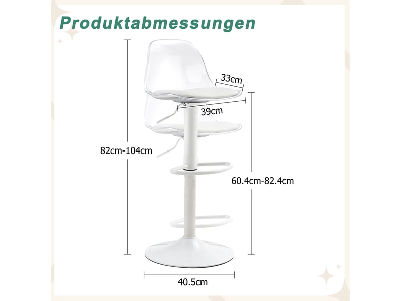  Lot de 2 tabourets de bar réglables, pivotement à 360°, dossier transparent, pieds métal blanc, hauteur 82–104 cm  - Conforama C