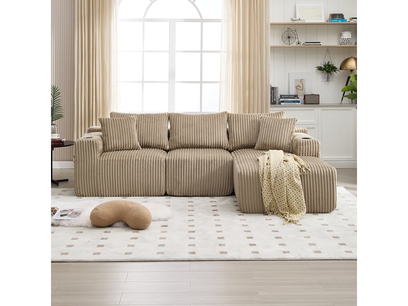  Canapé modulable 257 x 90-160 x 62 cm, méridienne, module 2 places, 5 coussins, porte-gobelets, poches latérales, velours côtelé, kaki Seren Glow - Conforama E