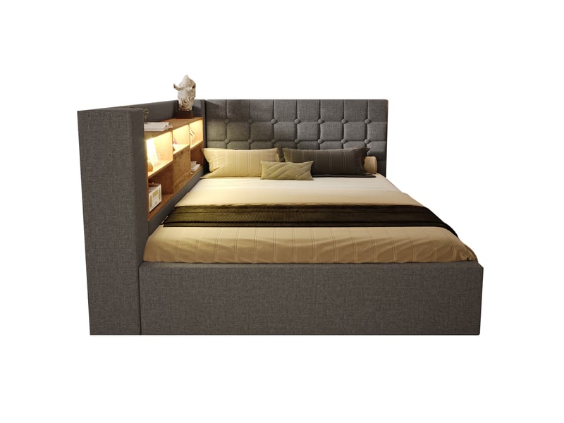  Lit coffre 140 x 190 cm gris en tissu de lin avec led, rangements et tête de lit réversible  - Conforama A