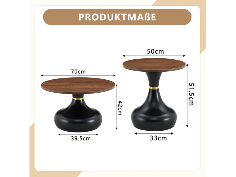  Lot de 2 tables basses rondes 70x42+50x51 cm, appoint canapé, design empilable, pour le salon, métal, noyer et noir  - Conforama C