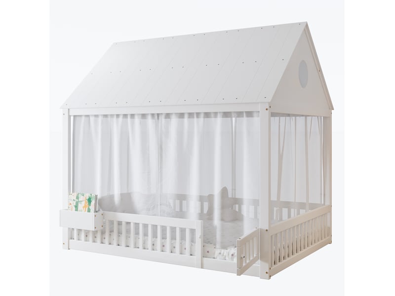  Lit cabane enfant 140x200 cm – blanc – rideaux décoratifs et rangement latéral ouvert – sans matelas  - Conforama A