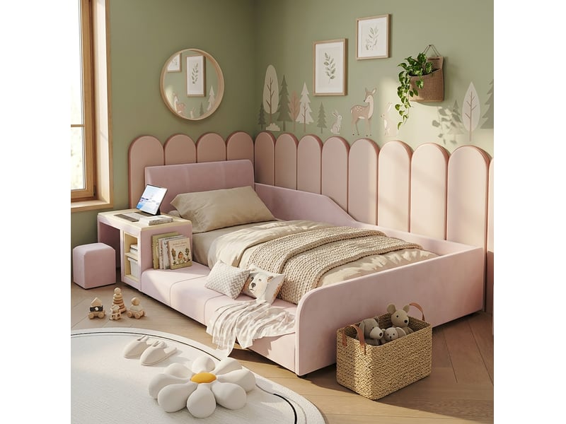  Lit enfant 90x200 cm avec bureau et tabouret, étagère en velours rose  - Conforama B