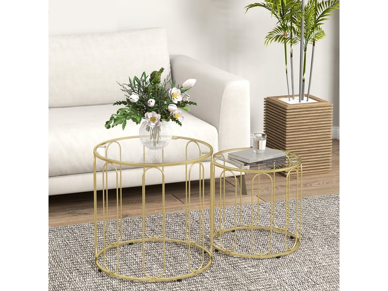  Lot de 2 tables basses gigognes rondes aosenyunzhou plateau verre et métal doré bout de canapé salon T1003-01-10803 - Conforama E