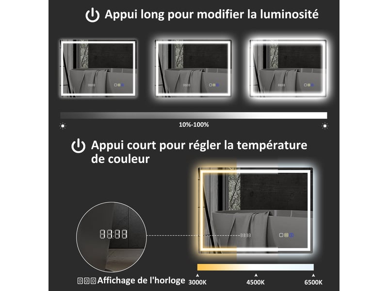  Miroir salle de bain led bluetooth 60 x 80 cm interrupteur tactile lumière réglable 3 couleurs anti-buée mémoire argent  - Conforama R