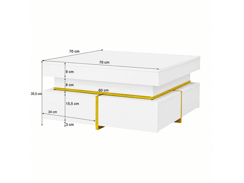  Table basse blanche brillante avec 2 tiroirs et détails dorés, 70 x 70 cm  - Conforama C