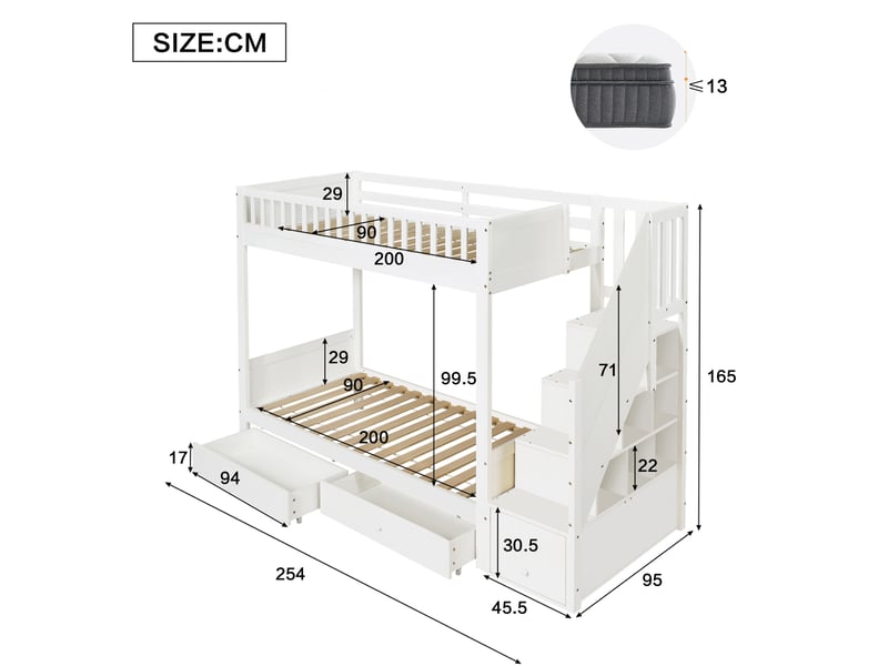  Lit superposé enfant 90 × 200 cm 2 places avec escalier de rangement, 2 tiroirs et barrières, sans matelas, bois blanc  - Conforama D