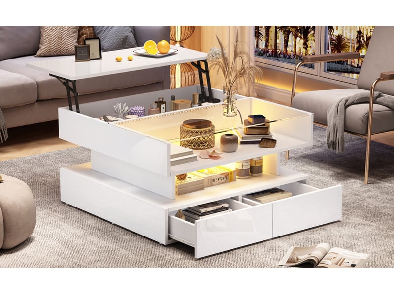 Table basse relevable 80x80 cm avec rangement caché, 2 tiroirs, led et verre trempé blanc - Conforama B