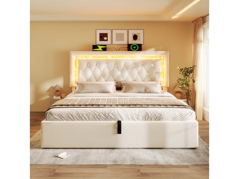  Lit coffre double 180x200 cm - lit en velours beige avec tête de lit led, usb type-c et rangement hydraulique - sans matelas  - Conforama E