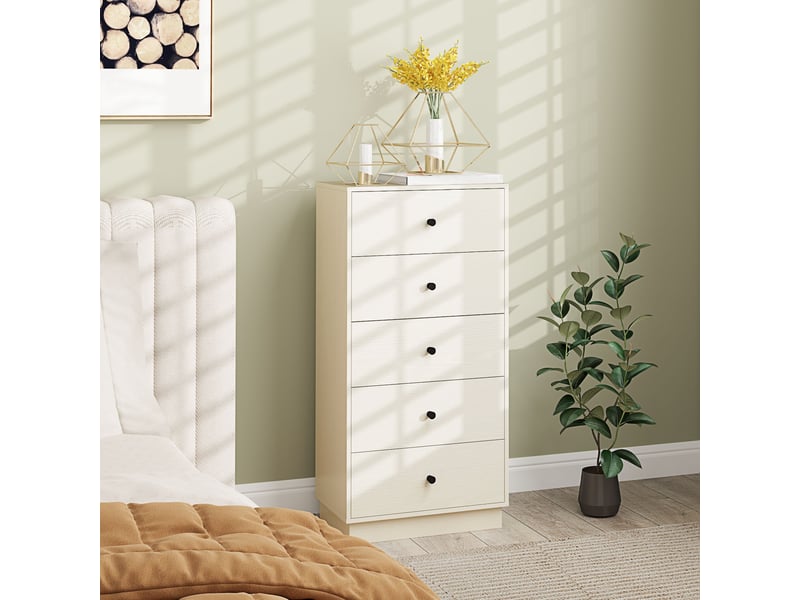  Commode 5 tiroirs, meuble de rangement haut et étroit, style moderne pour chambre à coucher, crème, salon - 47x29x95cm  - Conforama D