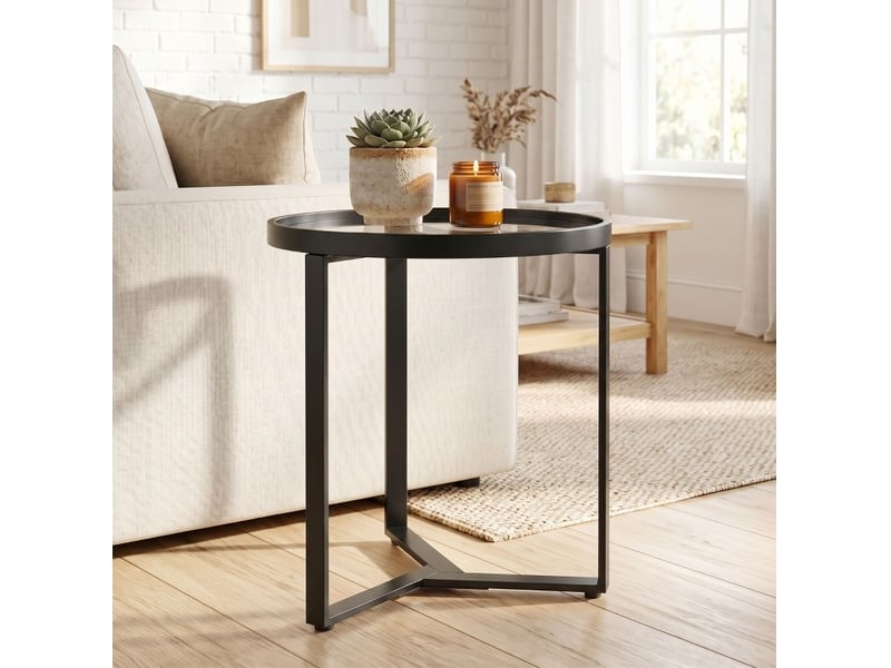 Table d'appoint ronde fixe en verre trempé, avec piètement géométrique métal noir pour salon 45 × 45 × 50 cm - Conforama D