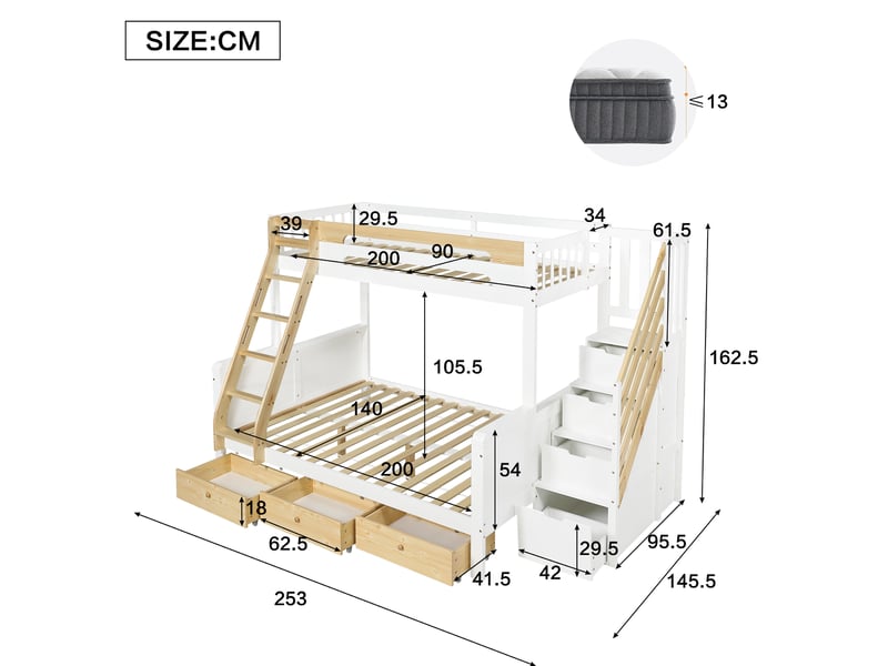  Lit superposé familial modenvie 90 x 200 cm et 140 x 200 cm avec escalier de rangement, échelle, 3 tiroirs, blanc et naturel  - Conforama C