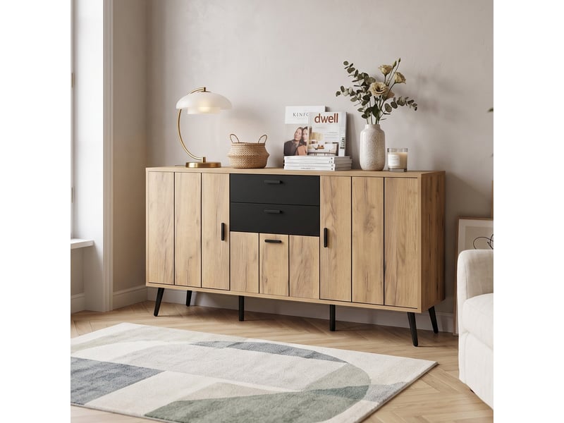  Buffet moderne effet bois et noir 2 tiroirs 3 portes 140x35x67cm  - Conforama B