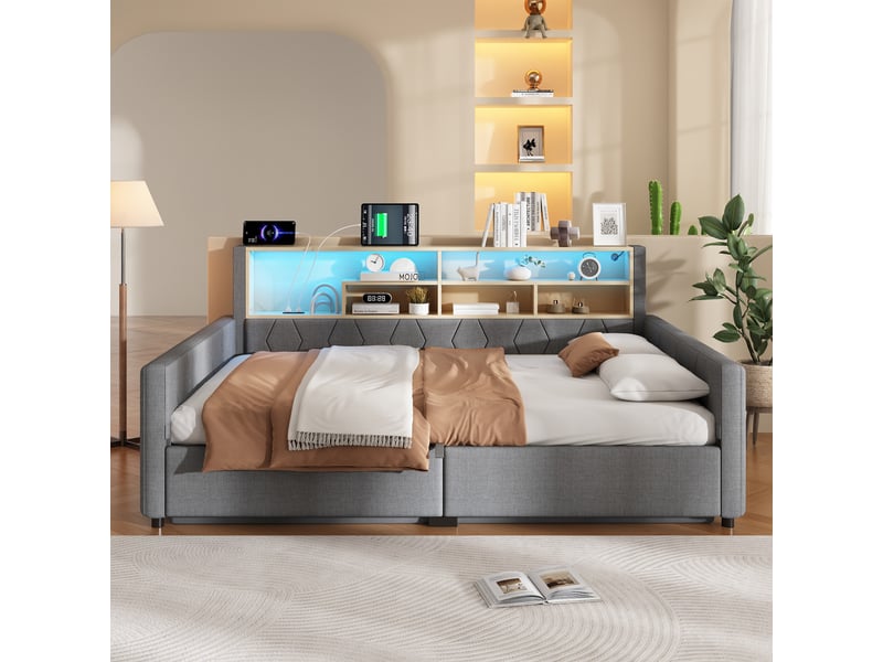 Canapé-lit rembourré 140x200 cm avec led et usb,lit coffre rangement hydraulique,tête de lit de rangement,tissu lin,gris - Conforama B