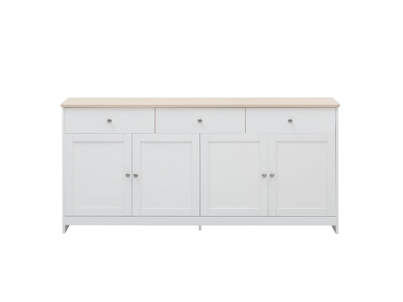  Commode quatre portes et trois tiroirs, 160 x 37 x 75 cm, avec étagères réglables, design de style rustique, finition bois et blanc  - Conforama A