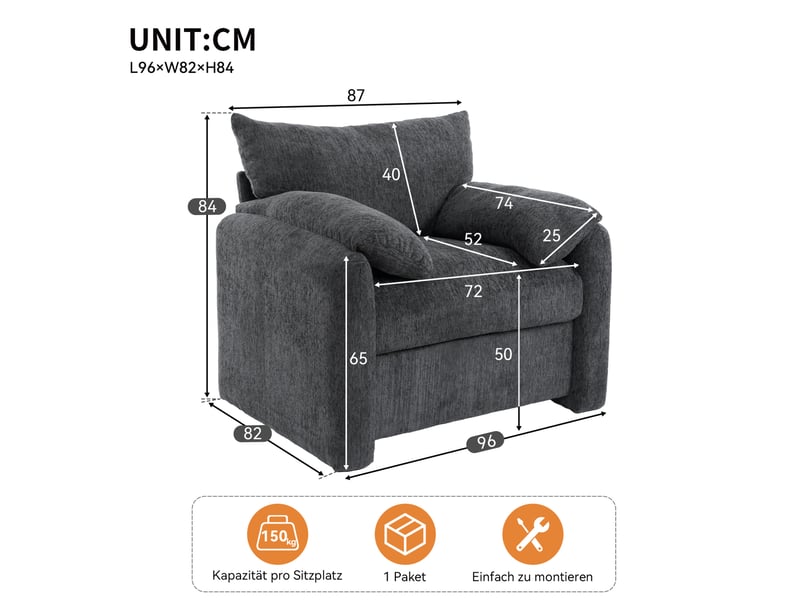  Fauteuil 96x82x84 cm, fauteuil de détente, canapé une place, accoudoirs confortables, mousse et tissu chenille, gris  - Conforama C