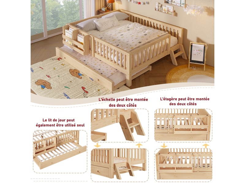  Lit enfant 140x200cm, avec lit gigogne90x190cm, petite échelle, panier de rangement, barrière, bois + mdf, couleur bois  - Conforama W