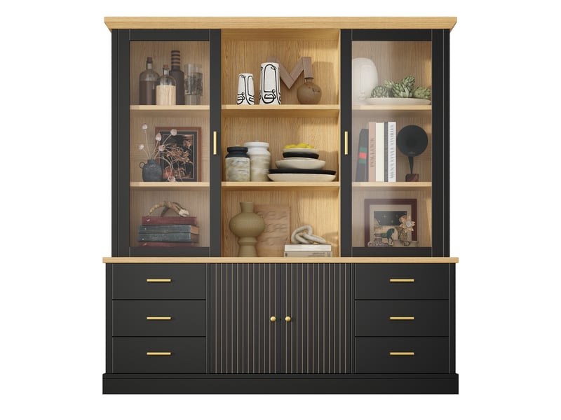  Buffet cuisine avec portes vitrées et 6 tiroirs, 140 x 40 x 185 cm, étagères réglables et dispositif anti-basculement, mdf, noir Morn Vibe - Conforama A