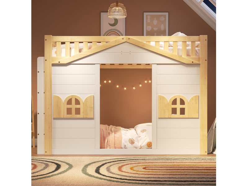  Lit mezzanine 90x200 cm avec fenêtre, lit superposé en bois massif, lit enfant blanc et bois naturel  - Conforama B