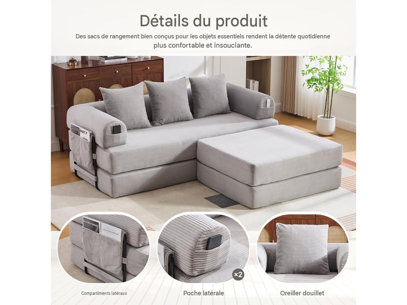  Canapé modulable 3 places en velours côtelé avec pouf gris clair W2845S00386 - Conforama D