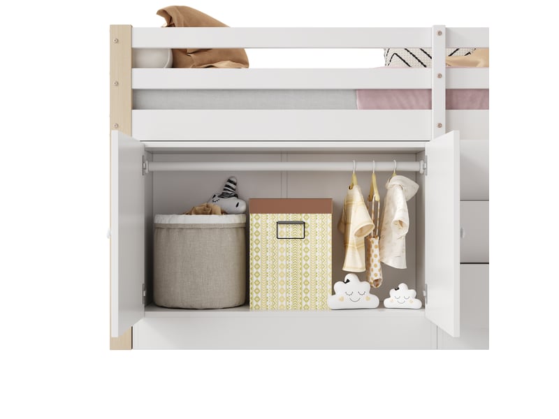  Lit mezzanine enfant 90x200 blanc avec escalier et rangements - mdf massif  - Conforama E