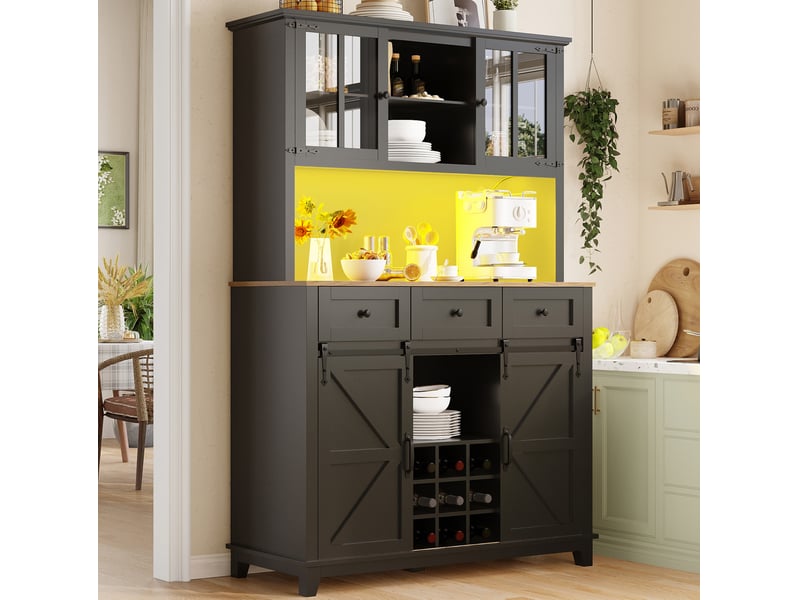  Meuble haut 105x38,4x180 cm, mdf, led multicolore contrôle app, tablettes ajustables, porte coulissante grange, noir  - Conforama D