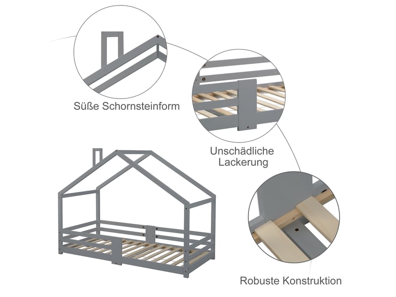 Lit cabane enfant 90x200cm, sommier, décoration de la cheminée de toit,protection, bois, gris, sans matelas  - Conforama E