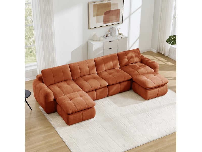  Canapé modulable 4 places modenvie en u avec 2 poufs en chenille orange 334 x 160 x 68 cm  - Conforama D